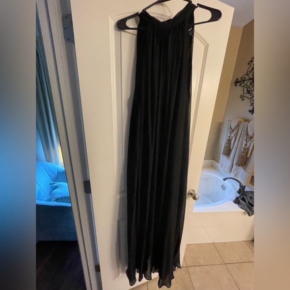 Black sheer romper over solid black. Scarf at the neck. - Picture 2 of 2
